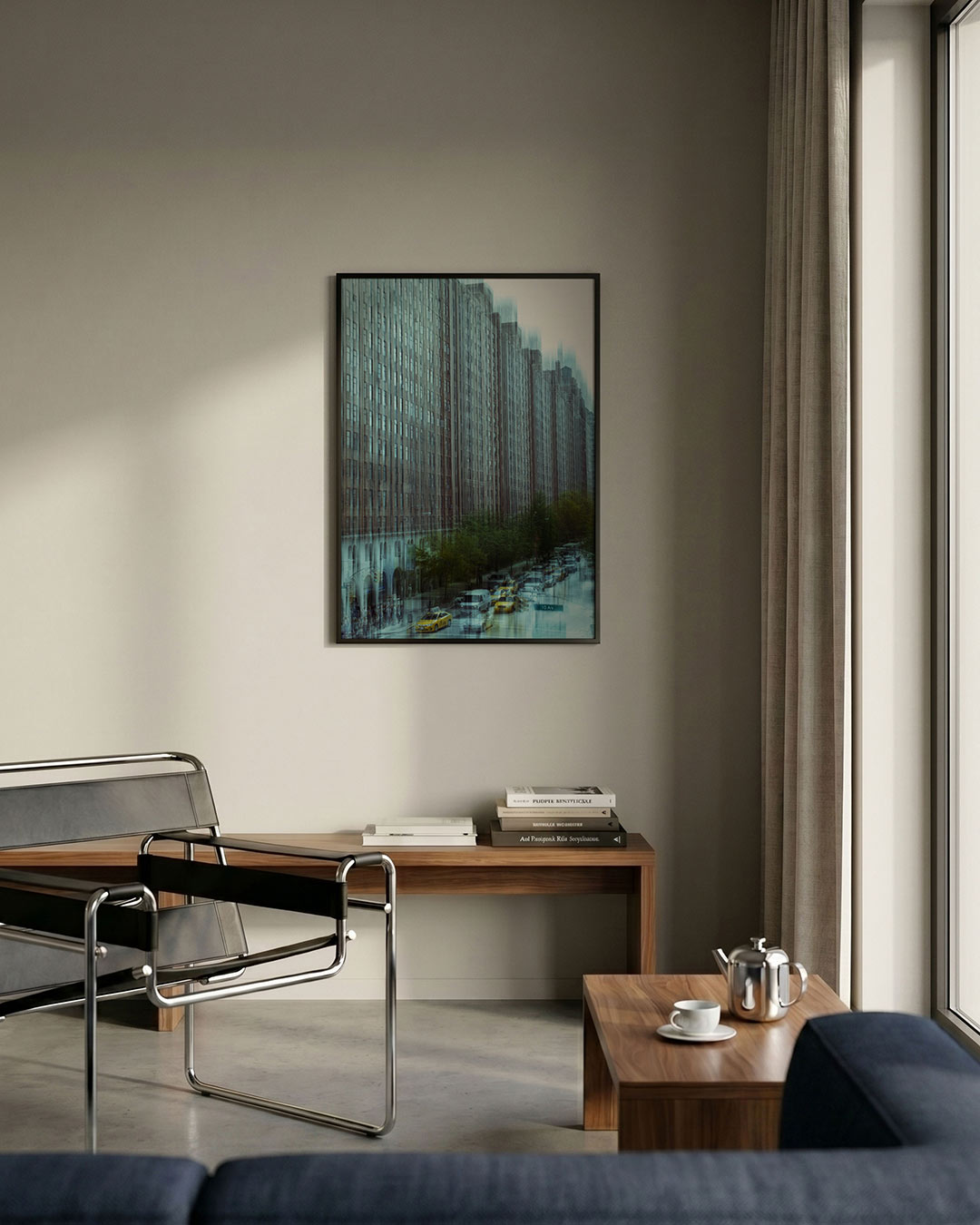 Stedelijke reflecties poster – detailweergave – deze poster toont een dynamische stadsscène met hoge gebouwen en voertuigen.