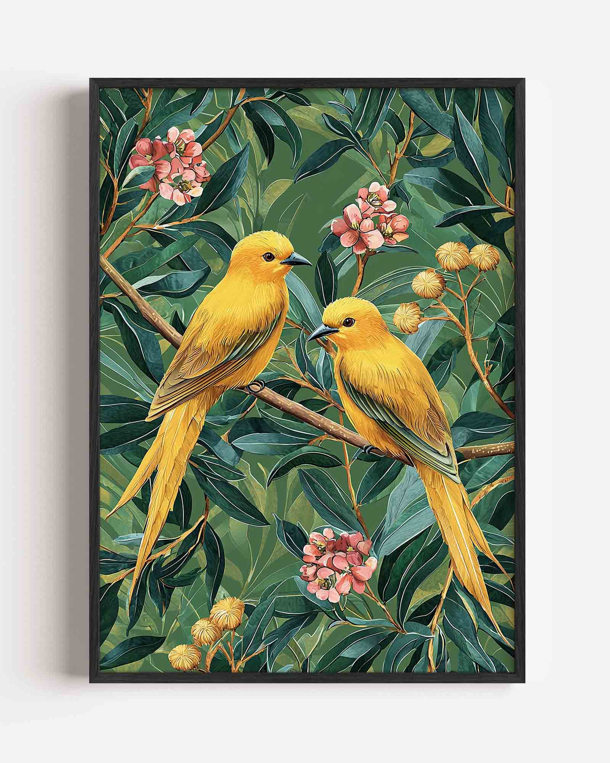 Gele vogels en bloemen – dieren portret poster als wanddecoratie