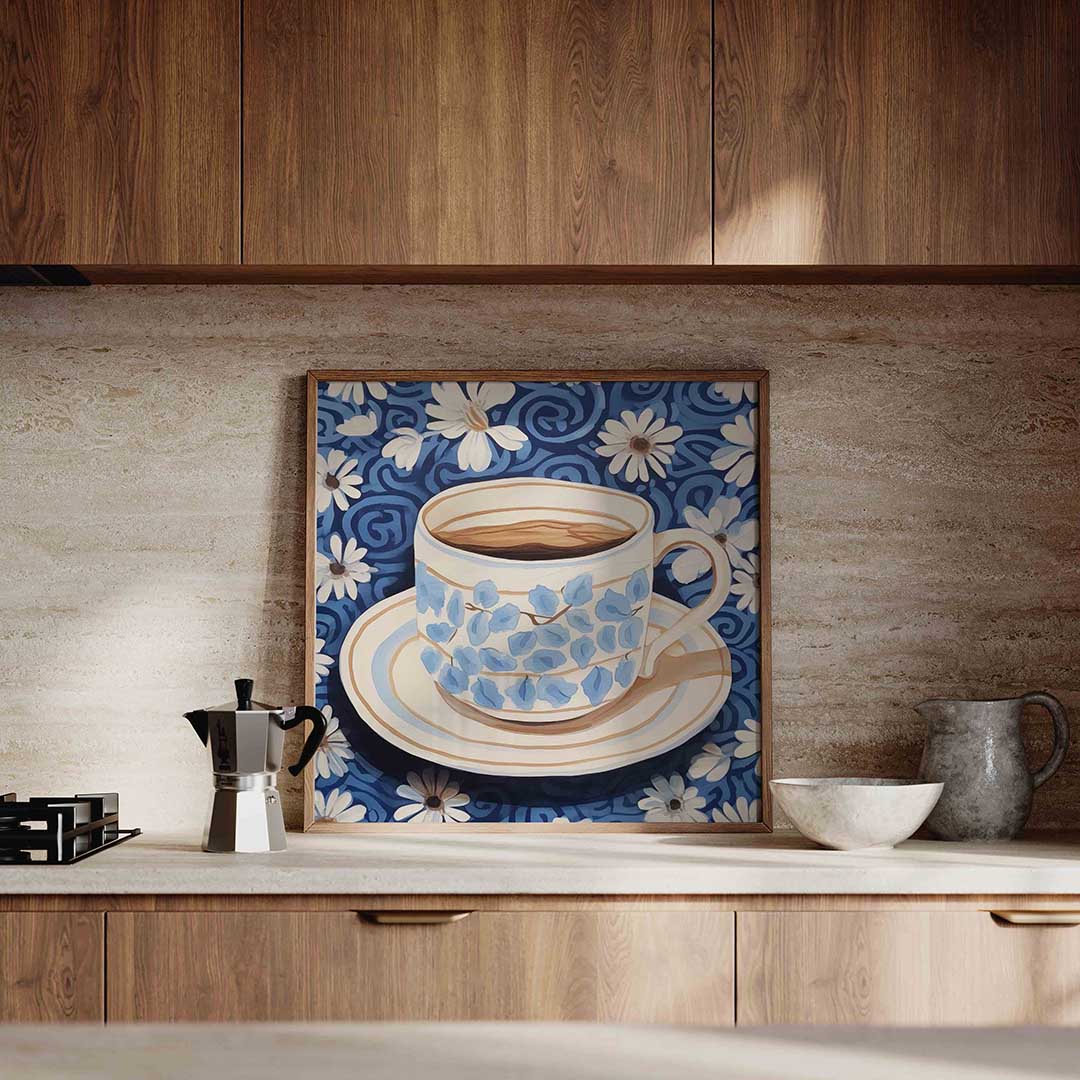 Bloemen en kopje – culinaire wandkunst als vierkante poster