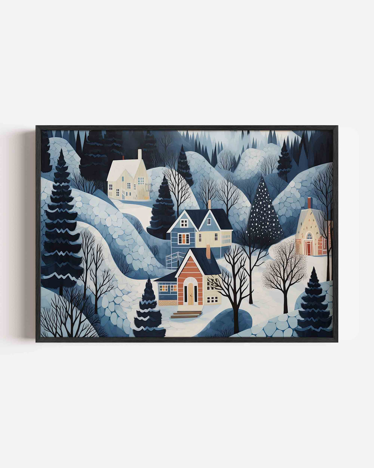 Winterlandschap met huizen – hedendaagse illustratie poster in landscape formaat