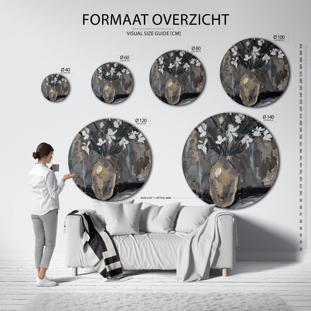Vaas met bloemen – abstracte wandkunst met textuur als muurcirkel