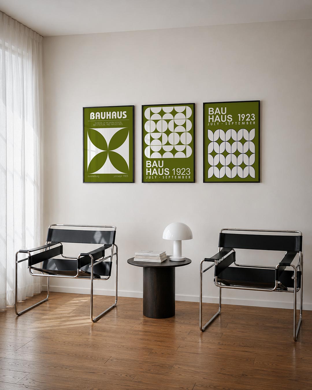 Vorm en balans driedelige posterset – deze posterset in drie delen toont een harmonie van olijfgroene en witte vlakken. De