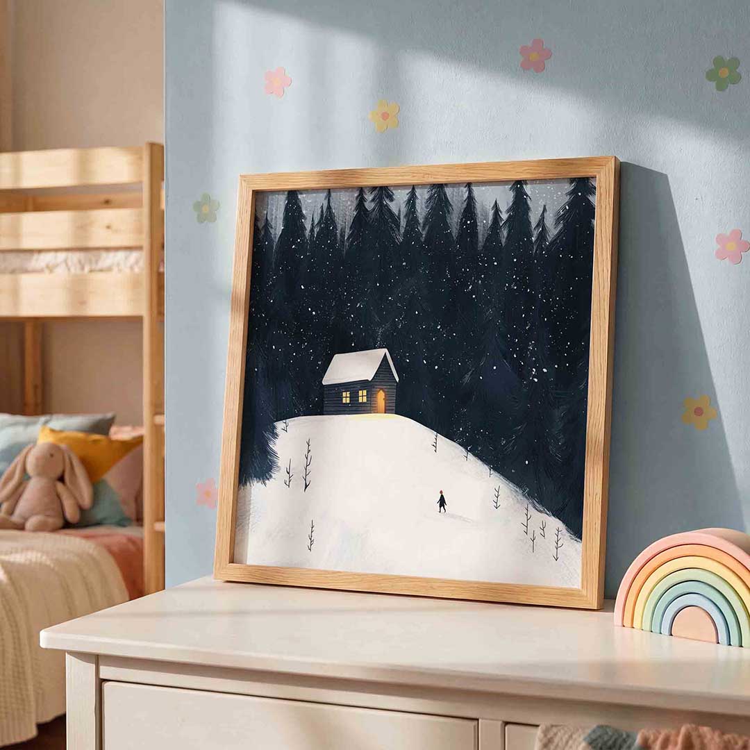 Sneeuwlandschap met huis – speelse wandkunst als vierkante kinderposter