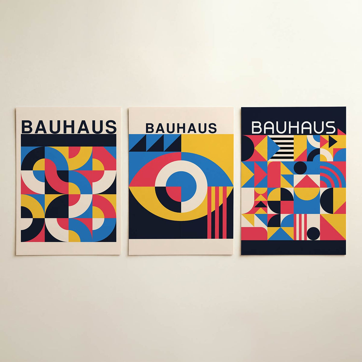 Kleurrijke vormenmix posterset – detailweergave – deze posterset in drie delen toont een speelse combinatie van halve cirkels