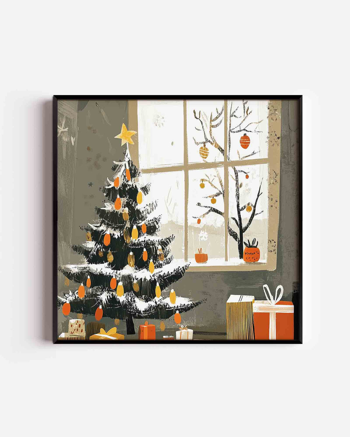 Kerstboom en cadeaus – vierkante kinderposter als wanddecoratie