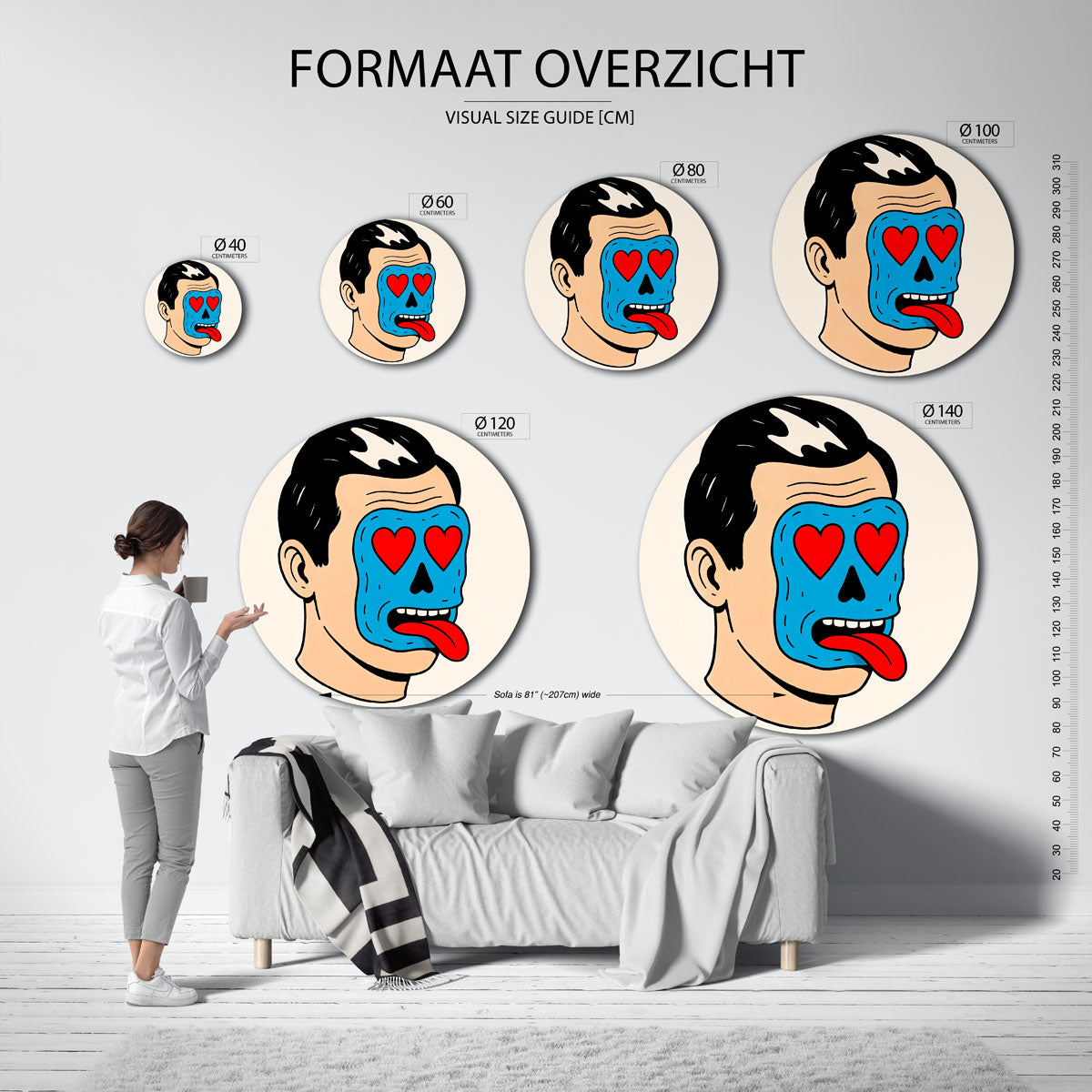 Blauw masker portret – safari wandkunst als moderne muurcirkel