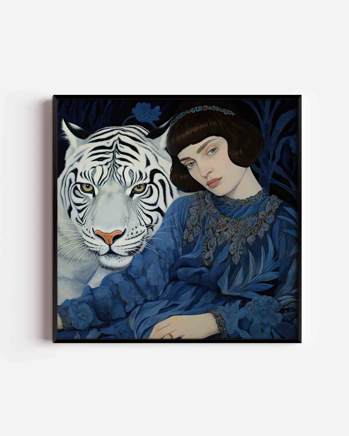 Vrouw met witte tijger – kleurrijke illustratie poster als wanddecoratie