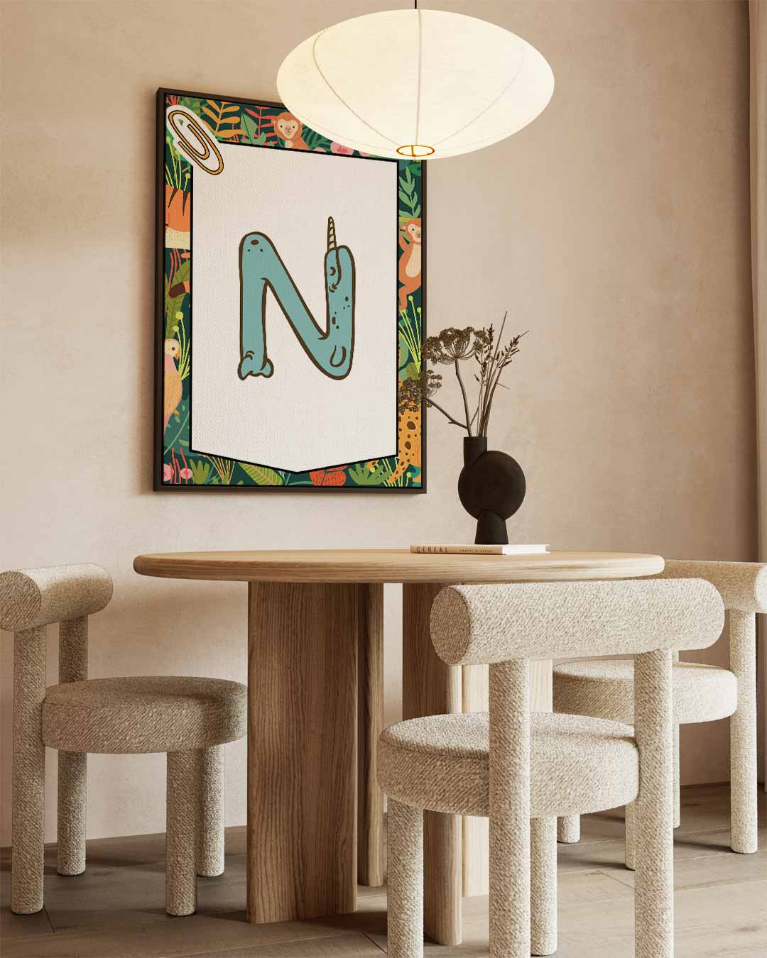 Narwhal N Kinderalfabet Print – kunstwerk met zwarte baklijst