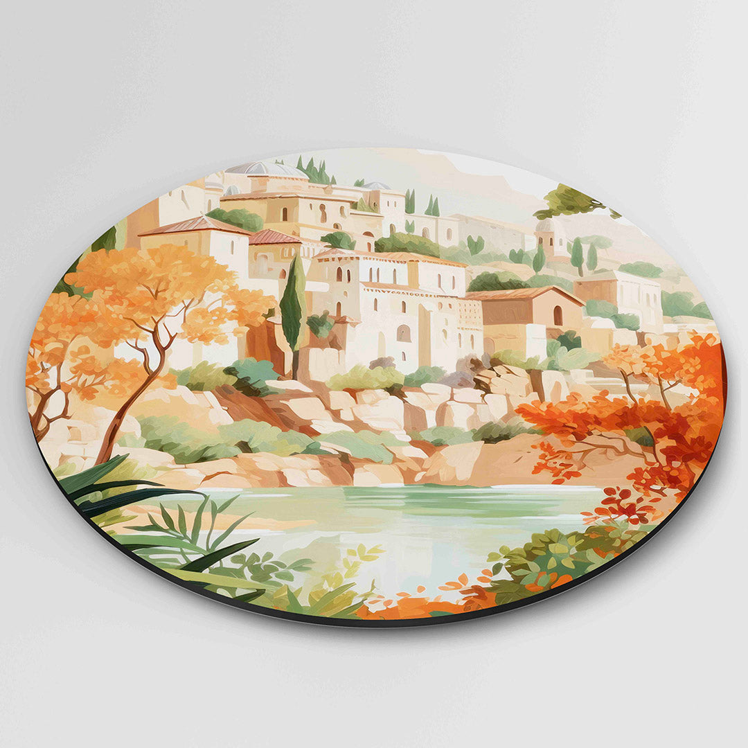 Mediterrane gebouwen – ronde wanddecoratie met abstract ontwerp