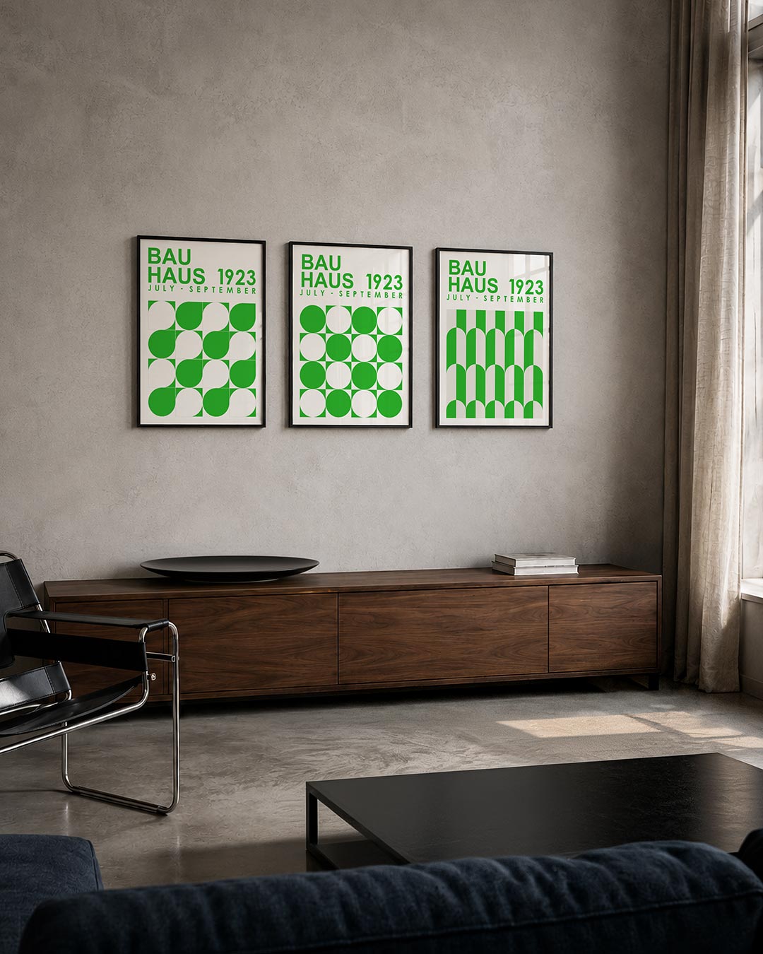 Groene vormenritme driedelige posterset – deze posterset in drie delen toont een speelse wisselwerking van groene en witte