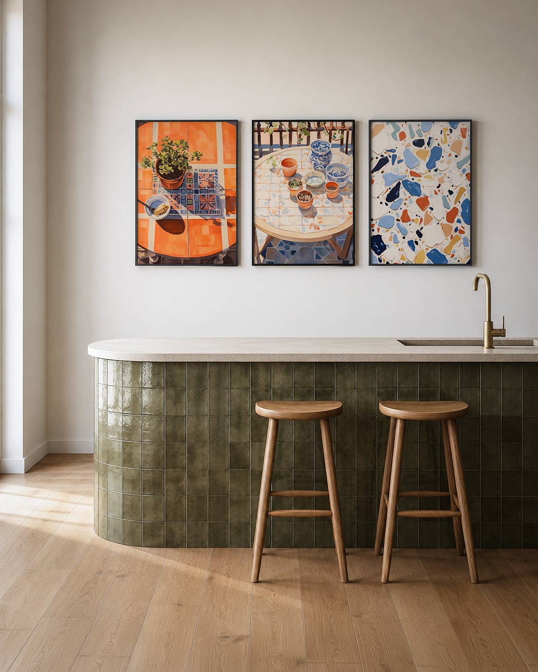 Tafelkleuren en schaduw posterset – tweede productweergave – een ronde tafel met oranje tegels en een kleurrijk patroon