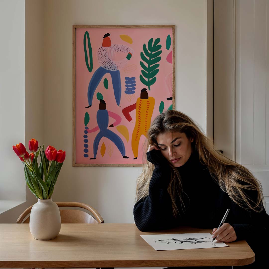 Vrolijke Dansers op Pastel – staande muurposter met abstracte vormen