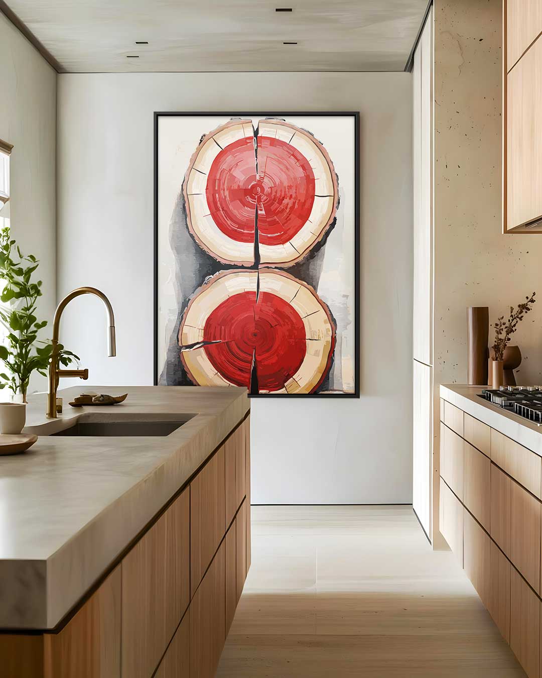 Houtschijven met Knallend Rood – modern portret kunstwerk van WallArtistic