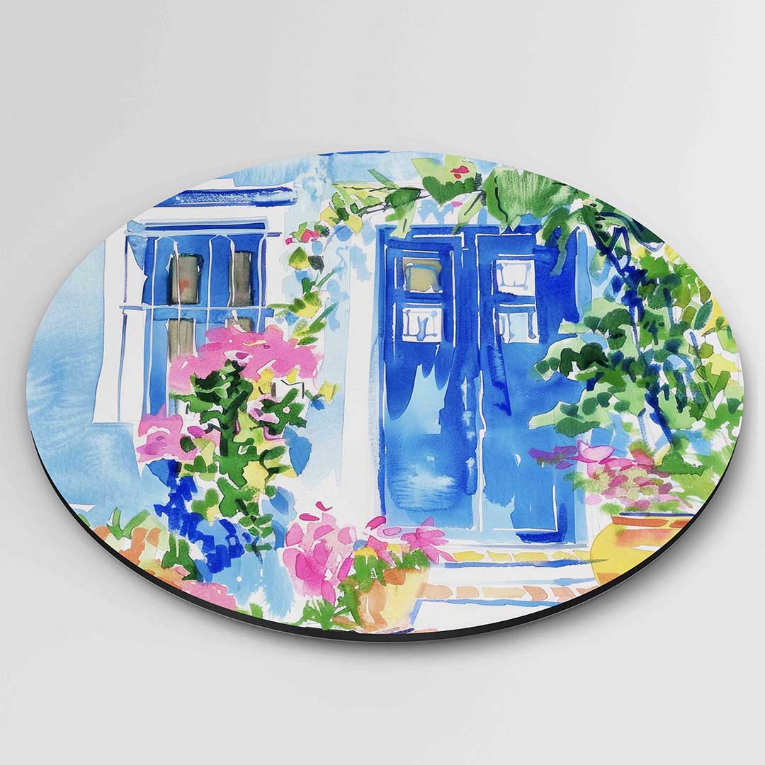 Blauwe deur met bloemen – ronde textuur wanddecoratie van WallArtistic