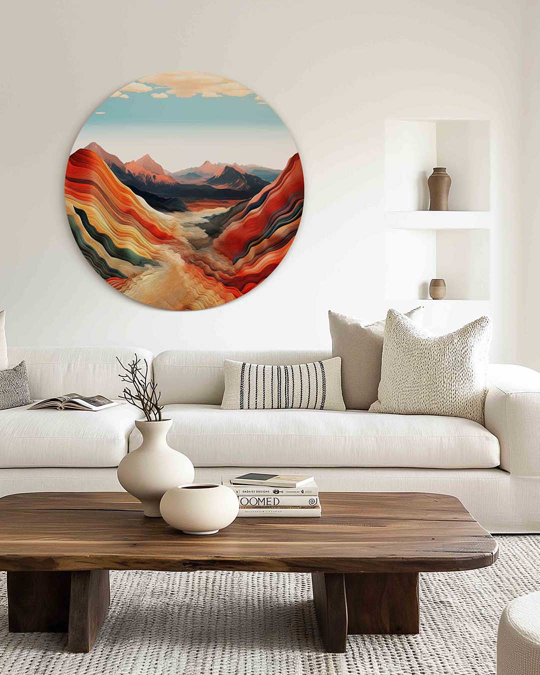 Landschap met bergen – illustratie muurcirkel als ronde muurdecoratie