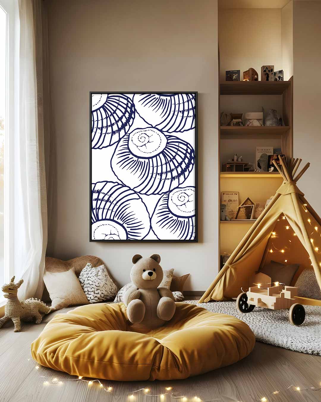 Blauwe Schelpen Illustratie – dibond wanddecoratie in staand formaat