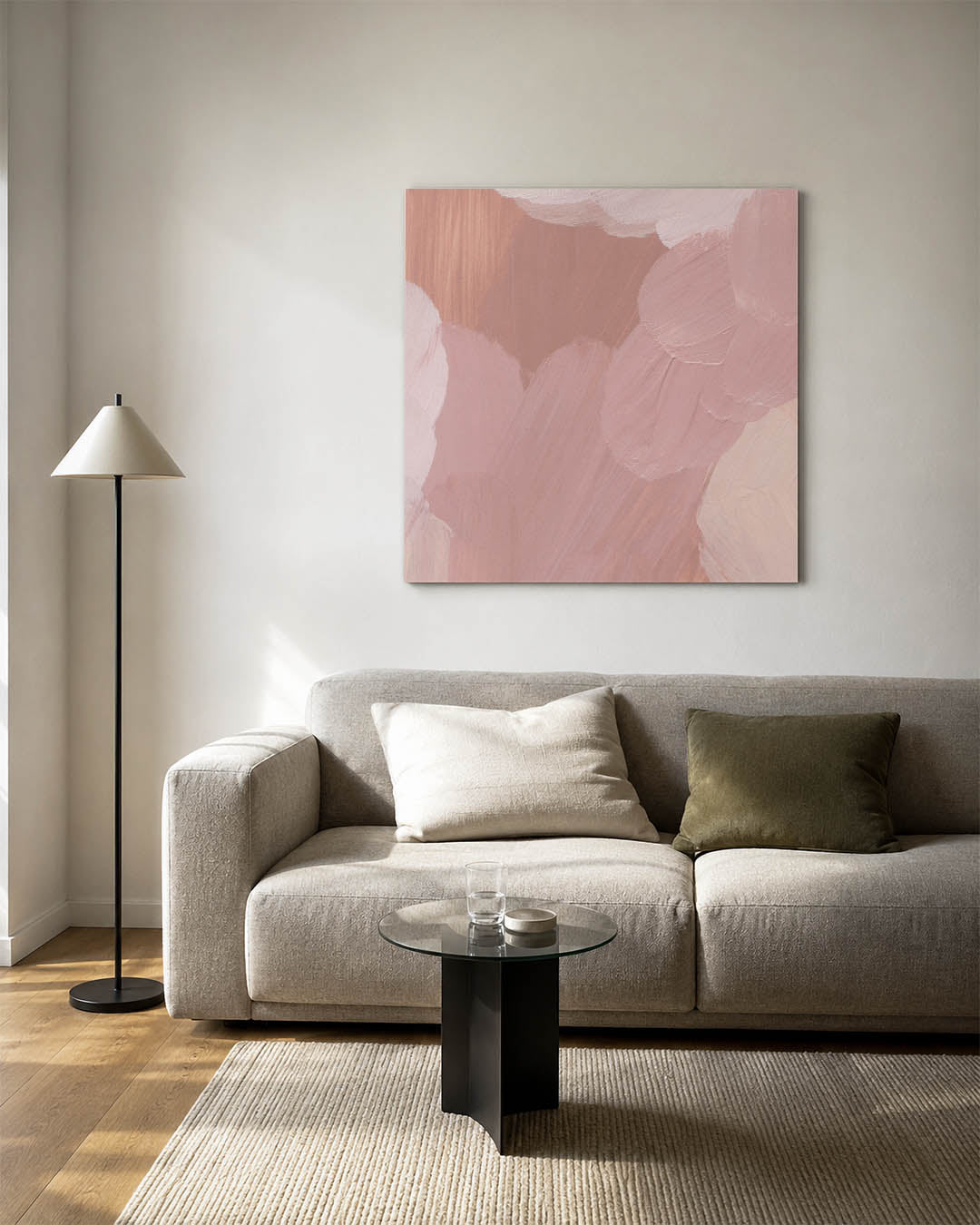Zachte kleurencompositie kunstwerk – detailweergave – dit werk toont een harmonie van zachte penseelstreken in roze en beige
