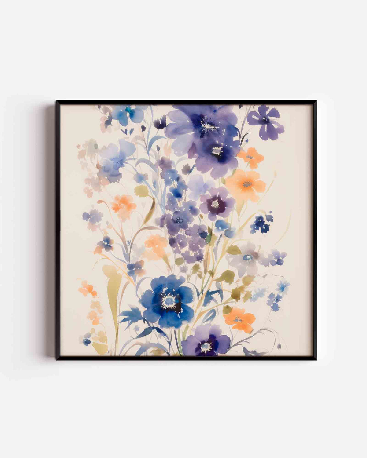Bloemen in blauw en oranje – kleurrijke illustratie poster als wanddecoratie