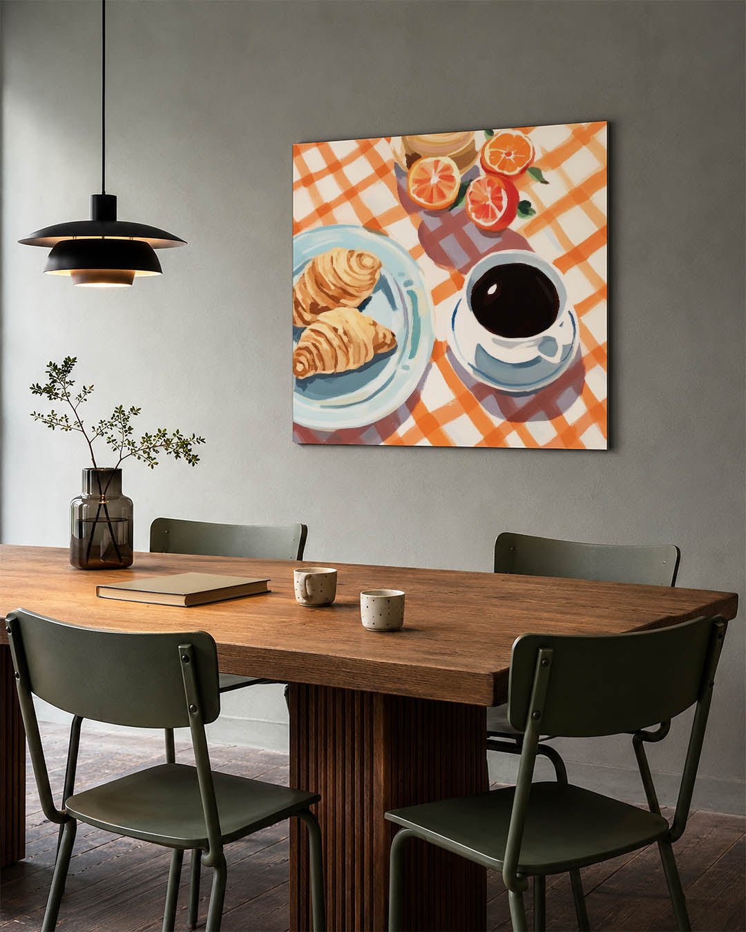 Ontbijt tafereel kunstwerk – tweede productweergave – dit werk toont een tafel met croissants, een kop koffie en sinaasappels