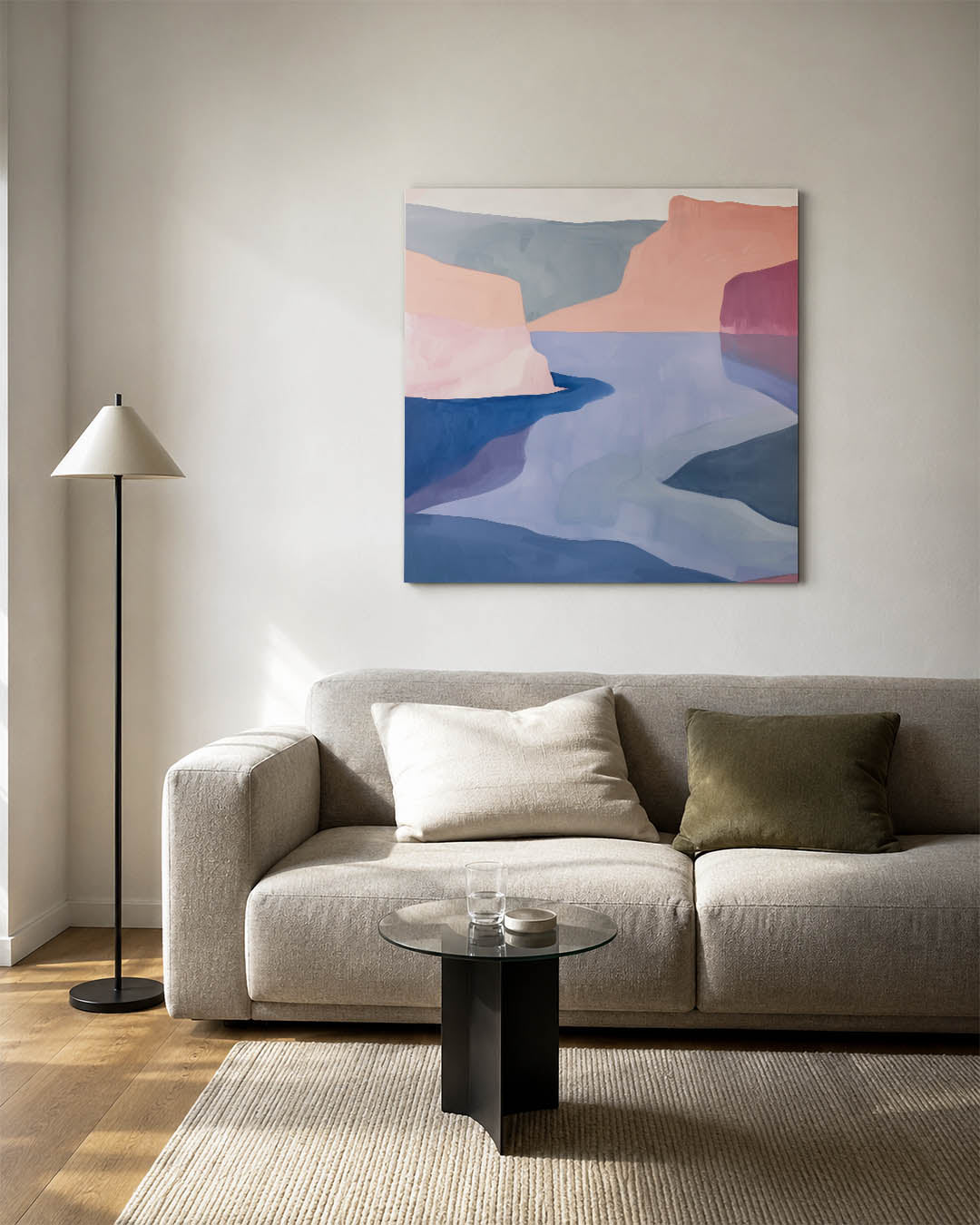 Vloeiende kleurenlandschap kunstwerk – vierkante wanddecoratie – dit werk toont een serene compositie van vloeiende vormen en