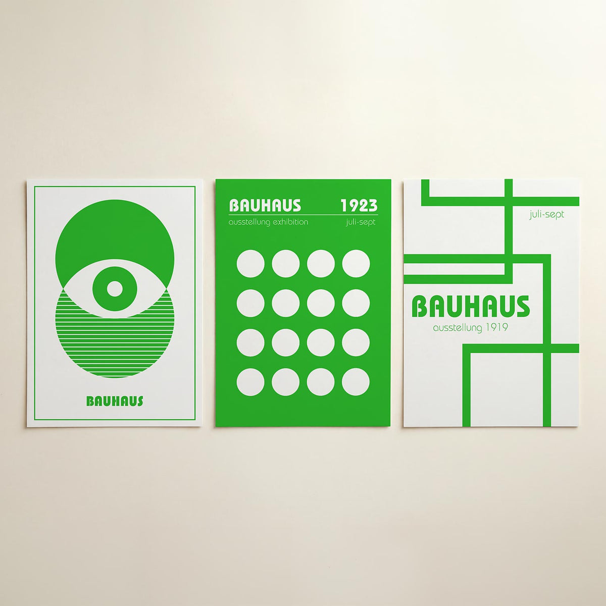 Groene cirkelcompositie driedelige posterset in interieur