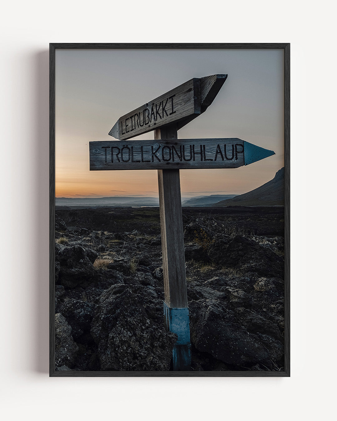Wegwijzer in landschap poster – portret wanddecoratie – een houten wegwijzer staat in een ruig landschap met een kleurrijke