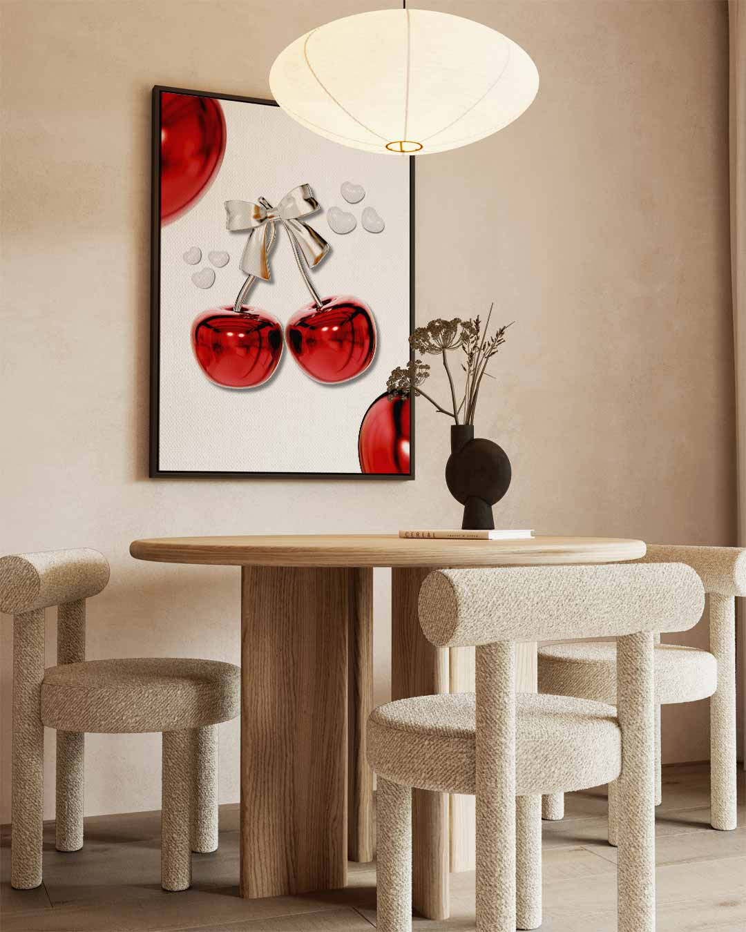 Glanzende Kersen met Strik – canvas wanddecoratie in portret formaat