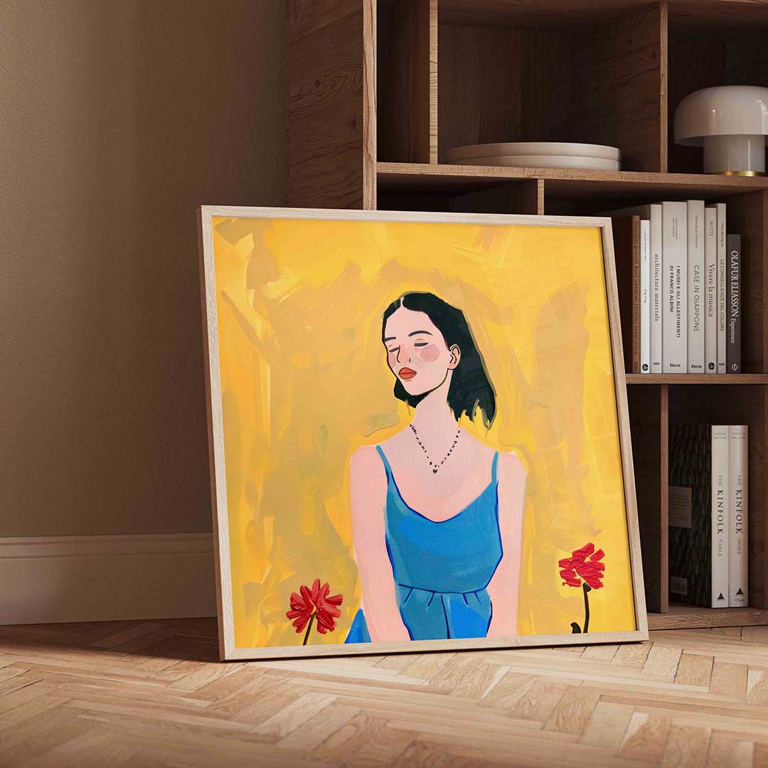 Vrouw in blauwe jurk – geïllustreerde wandkunst als vierkante poster