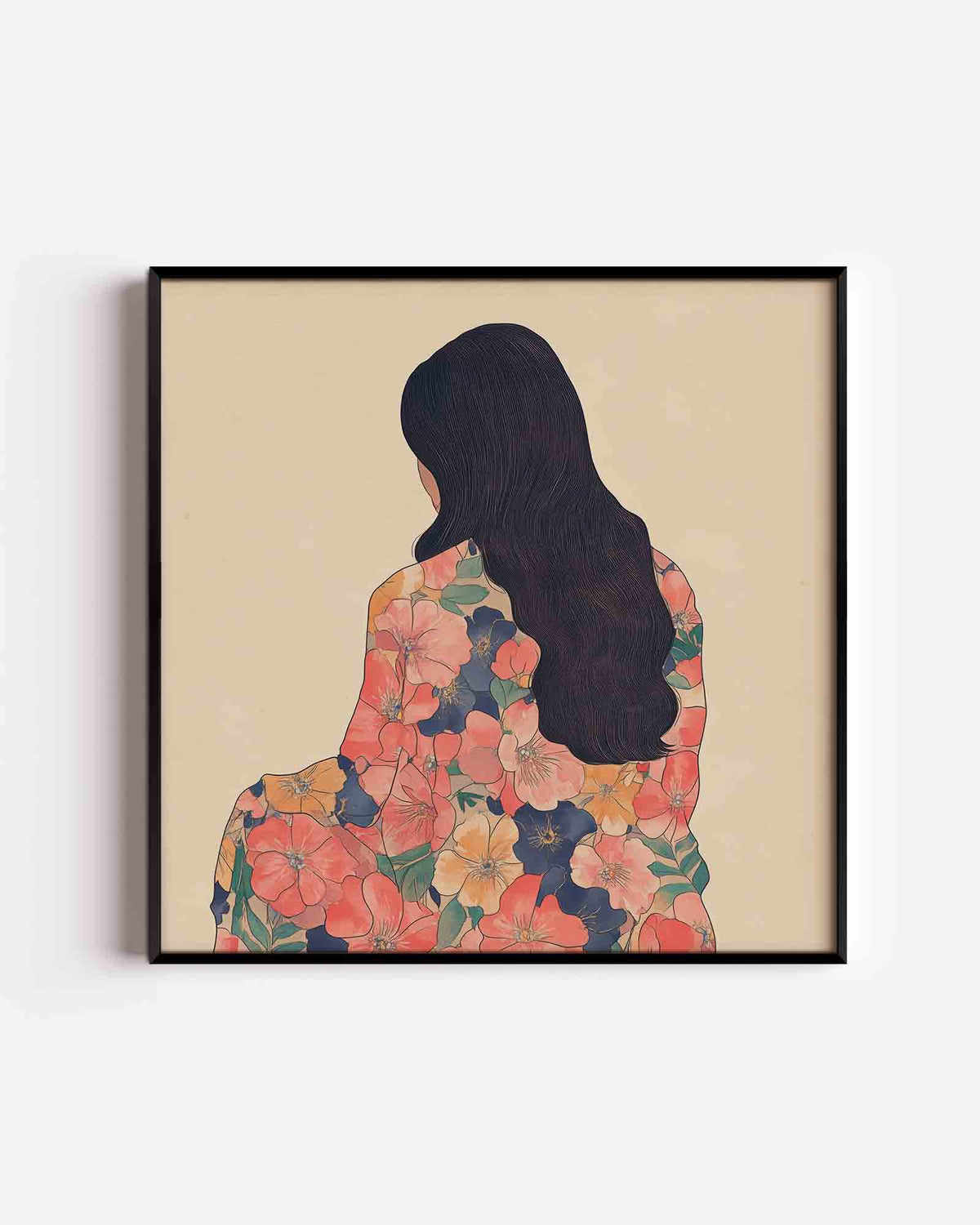 Vrouw met bloemenpatroon – moderne vierkante poster als wanddecoratie