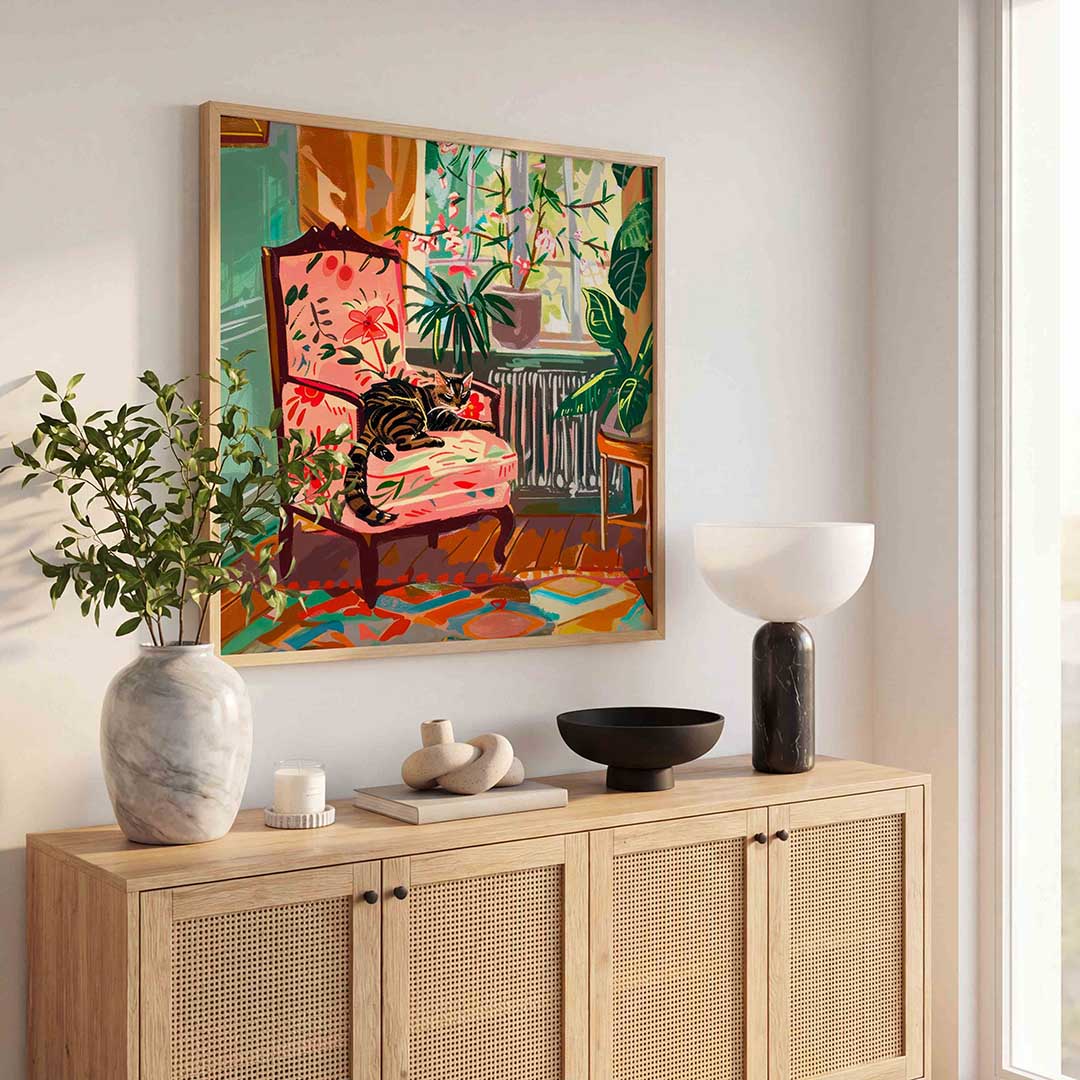 Kat op bloemenstoel – illustratie poster in vierkant formaat