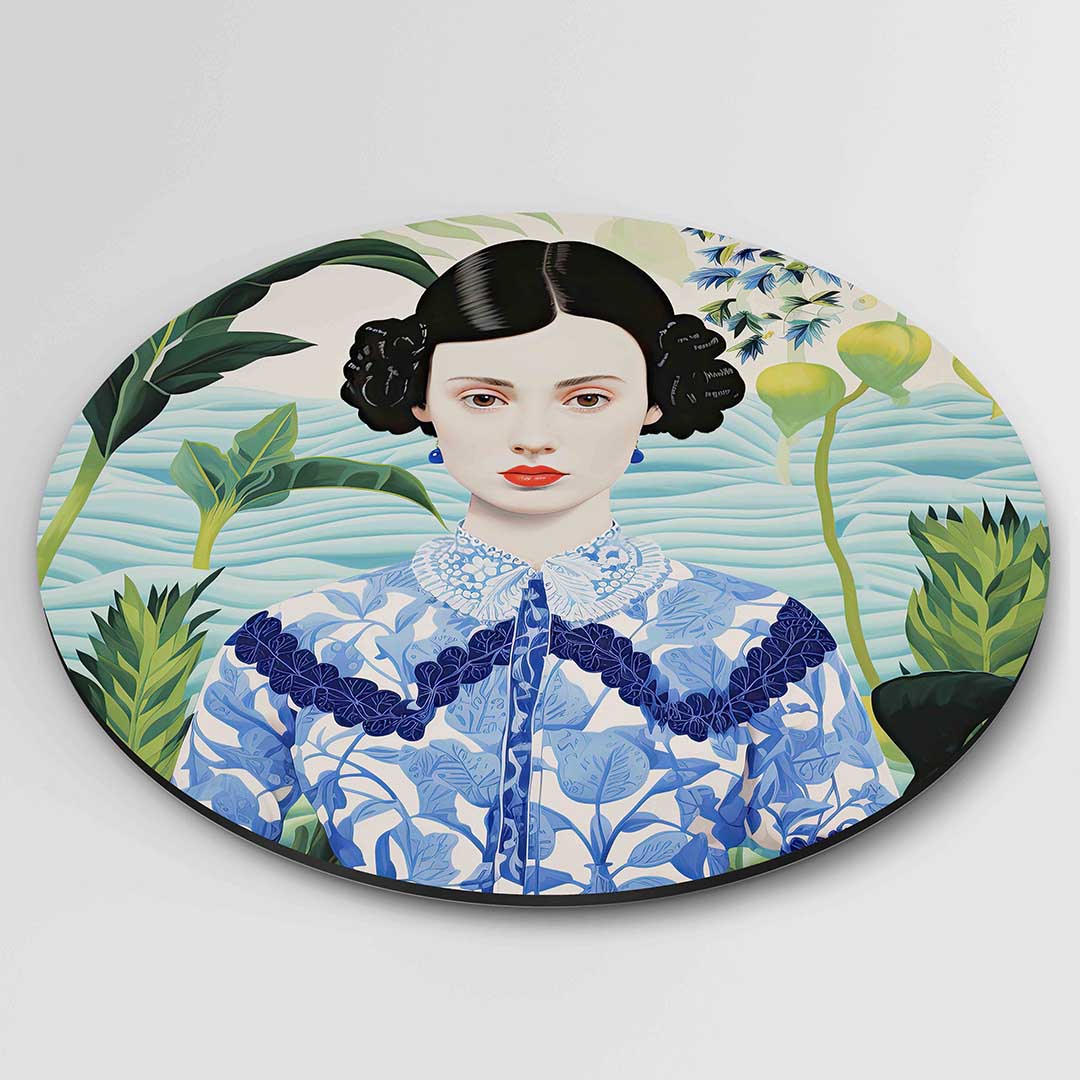 Vrouw met planten – ronde textuur wanddecoratie van WallArtistic