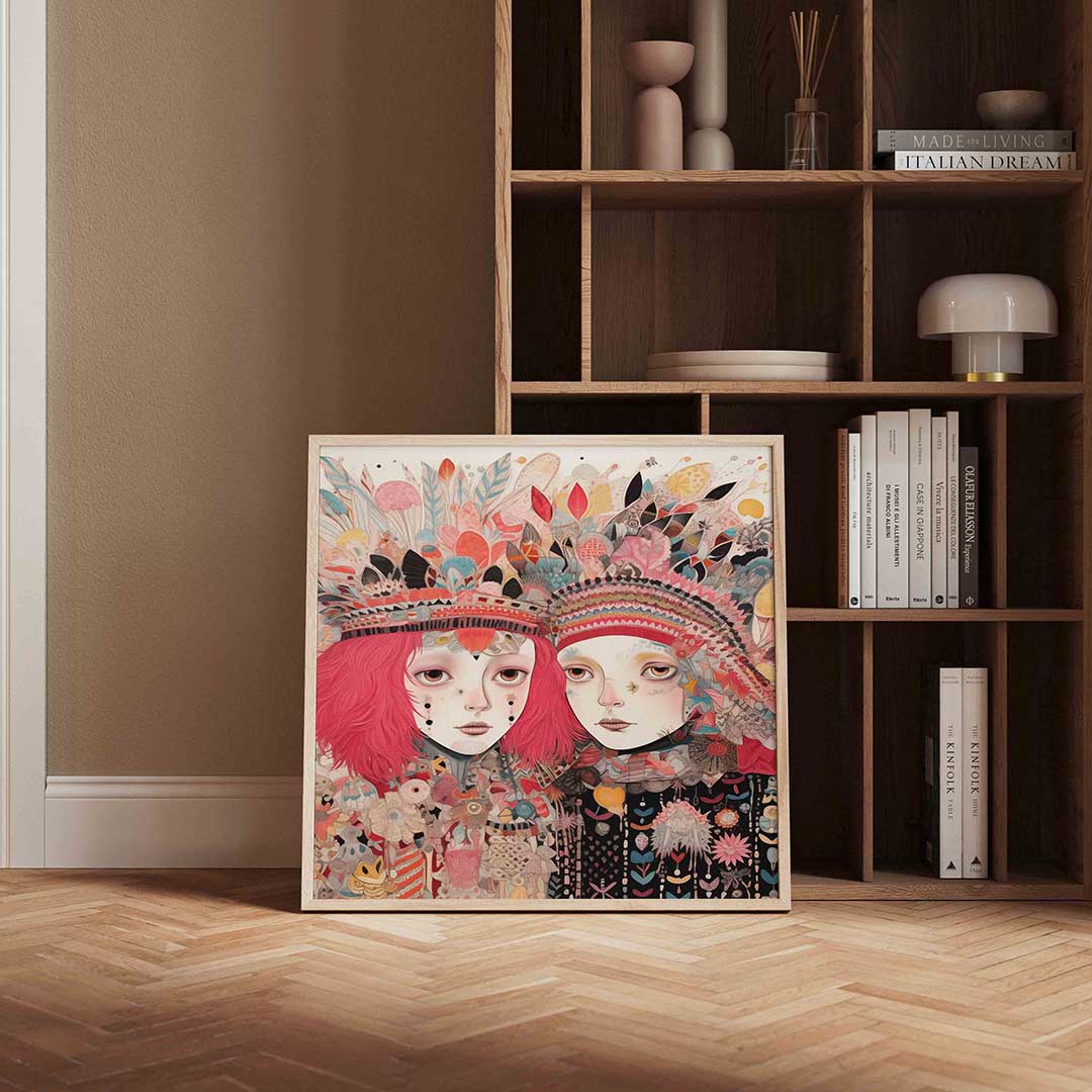 Twee figuren met kleurrijke hoofdtooien – vierkante wanddecoratie met kleur en vorm van WallArtistic