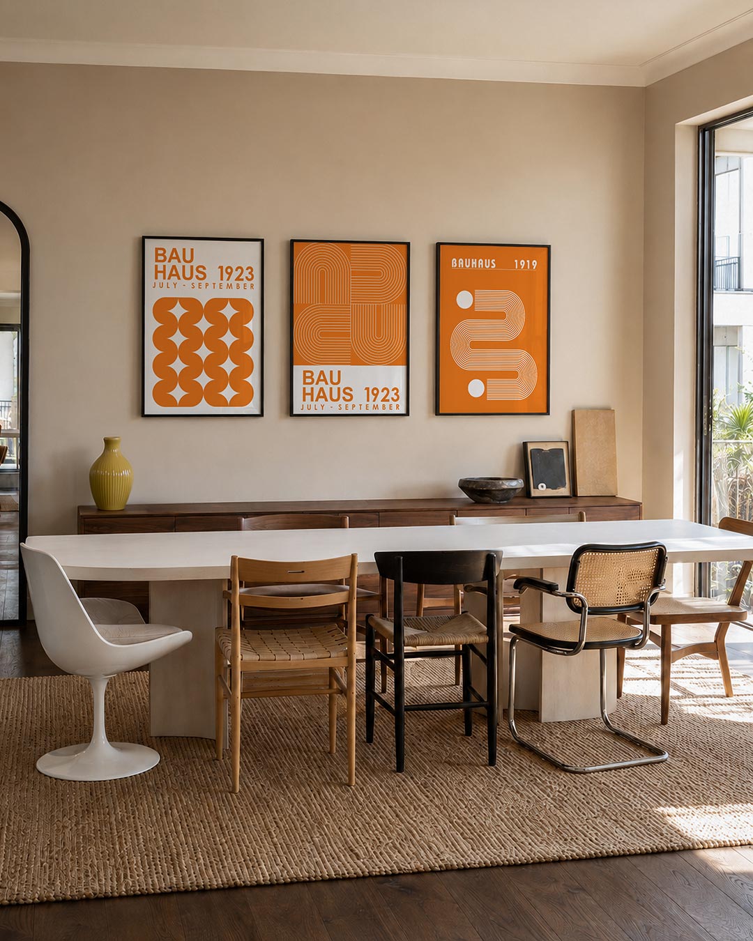 Oranje vormenspel posterset – tweede productweergave – deze posterset in drie delen toont een speelse ordening van oranje