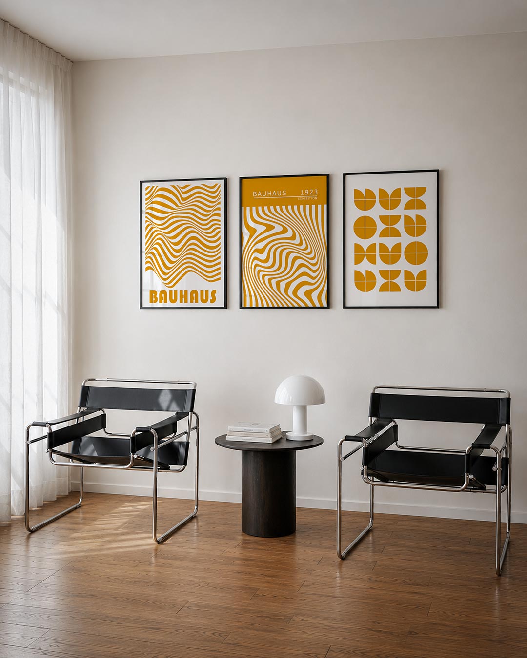 Golvend lijnenspel posterset – derde productweergave – deze poster toont een dynamisch spel van golvende, oranje lijnen die