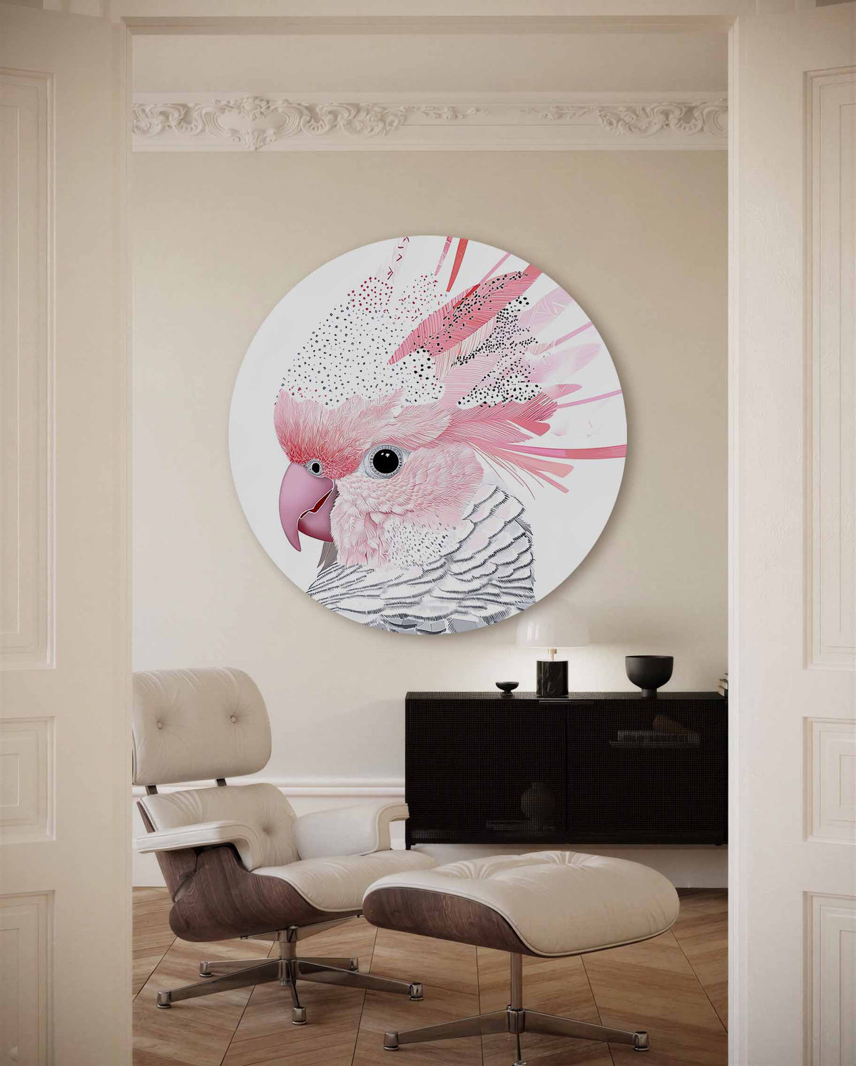 Papegaai met roze veren – illustratie muurcirkel als ronde muurdecoratie