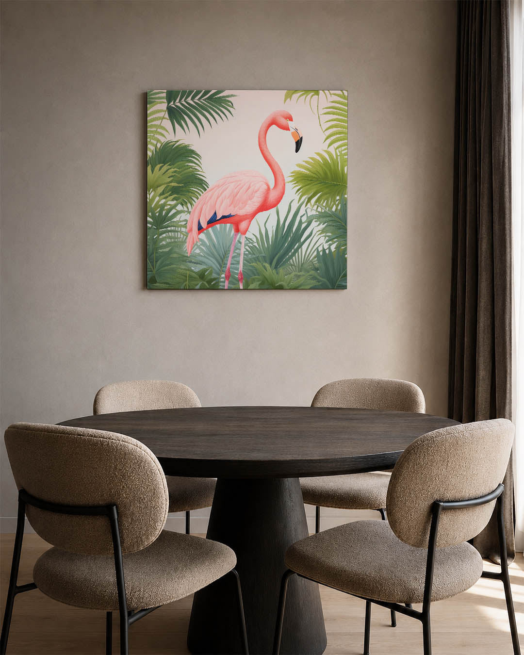 Flamingo en bladeren kunstwerk – derde productweergave – dit werk toont een roze flamingo omringd door groene bladeren. De