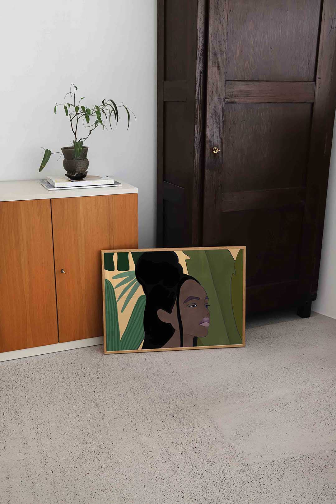 Vrouw met groene bladeren – hedendaagse illustratie als liggende poster