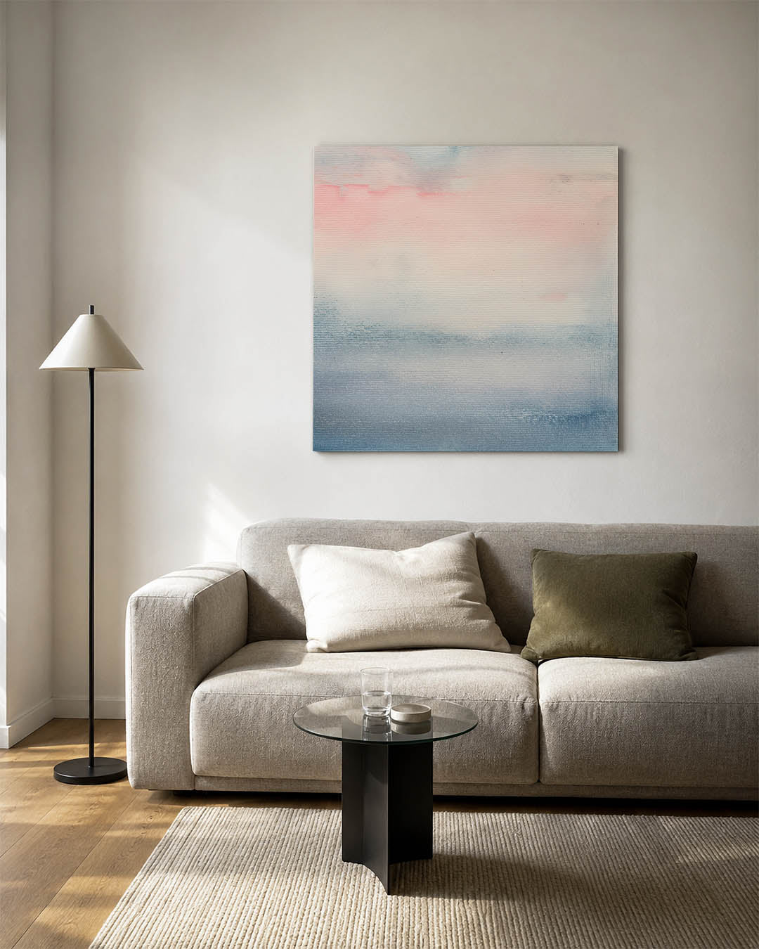 Zachte kleurovergangen kunstwerk – vierkante wanddecoratie – dit werk toont vloeiende overgangen van zachte kleuren, met een
