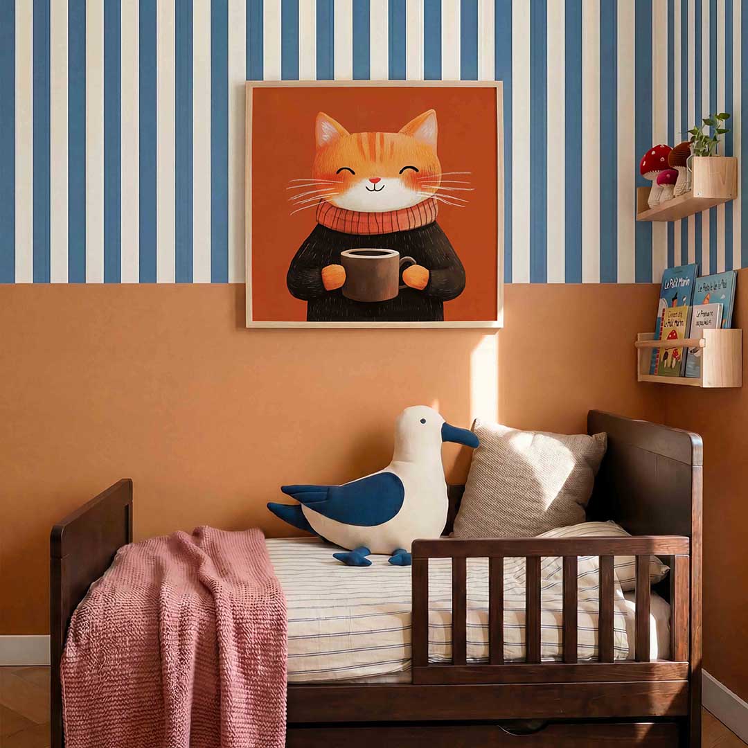 Kat met mok – kids poster in vierkant formaat