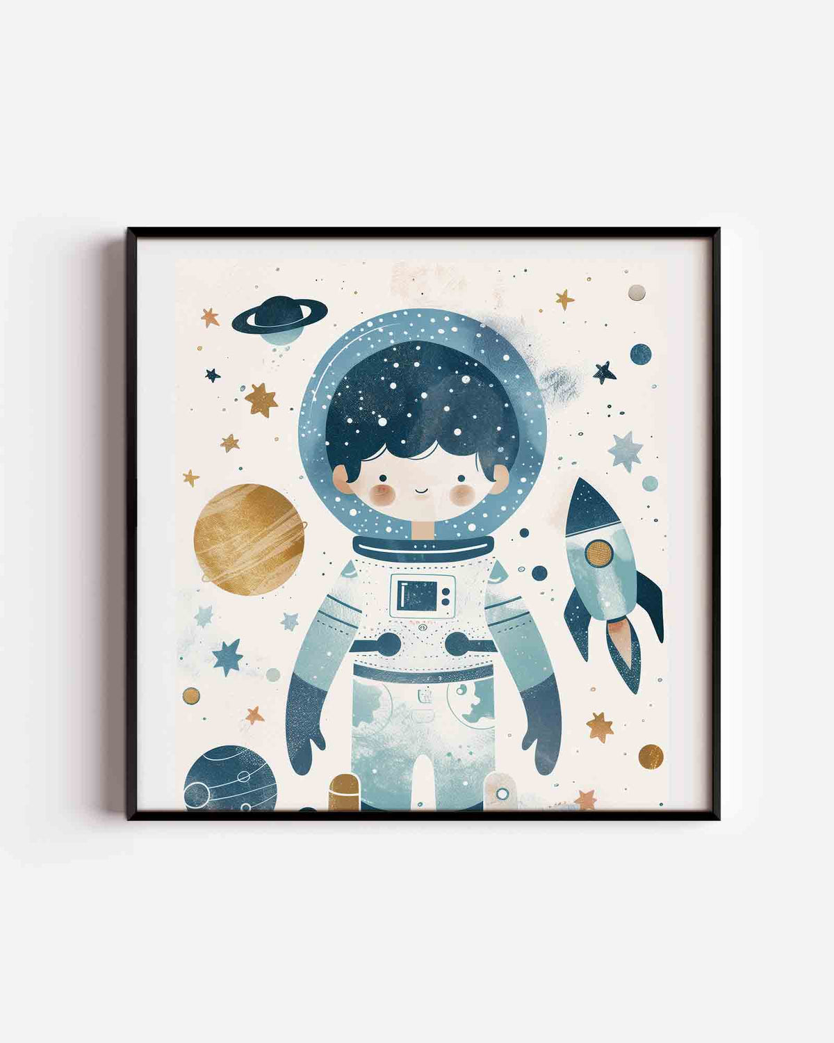 Astronaut en ruimte – vierkante kinderposter als wanddecoratie