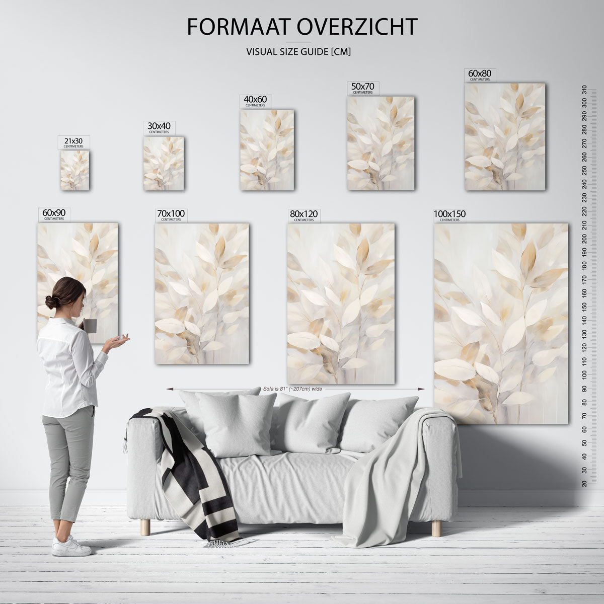 Bladeren in zachte tinten – staande muurposter met bloemen