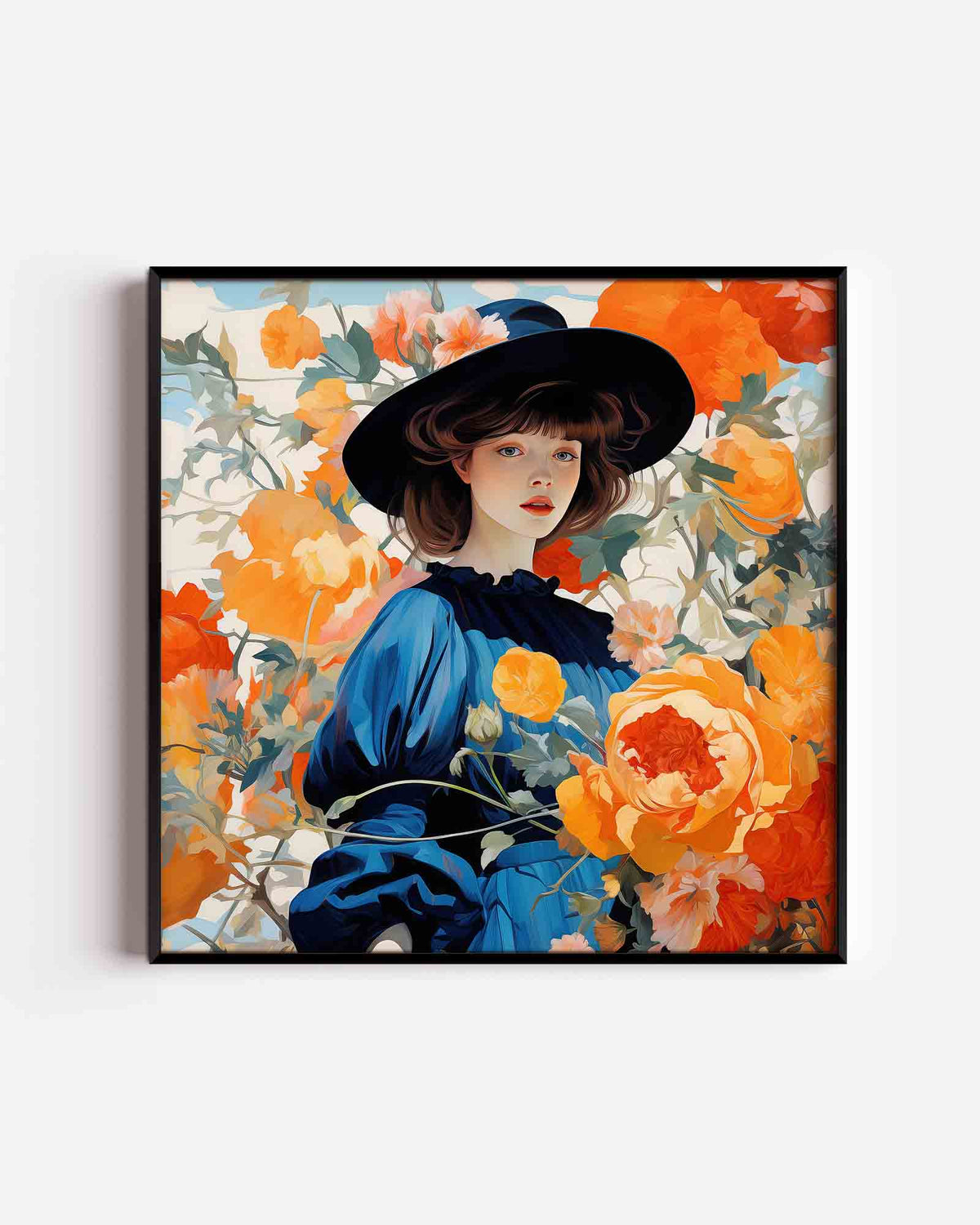 Vrouw met bloemen – kleurrijke illustratie poster als wanddecoratie