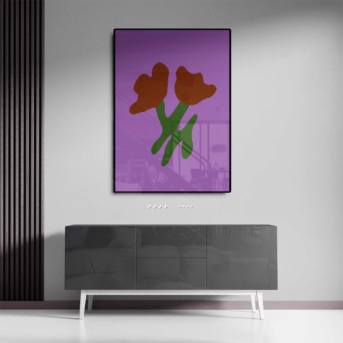 Simpele Bloemenschikking op Paarse Achtergrond – canvas wanddecoratie in portret formaat