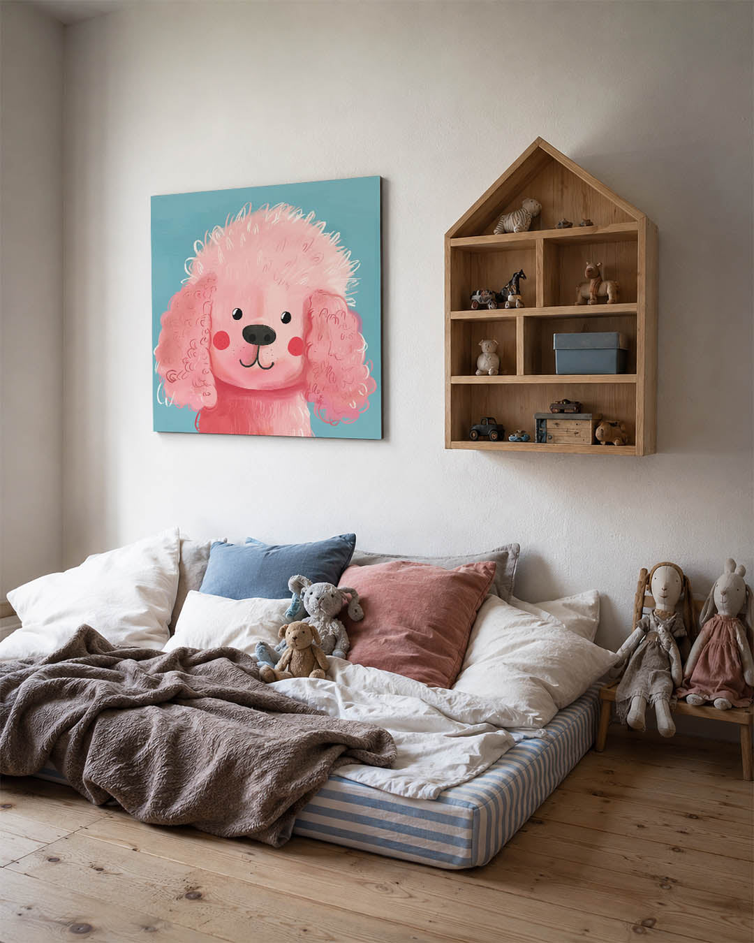 Vrolijke hond kunstwerk – derde productweergave – dit kunstwerk toont een schattige roze hond met krullend haar tegen een