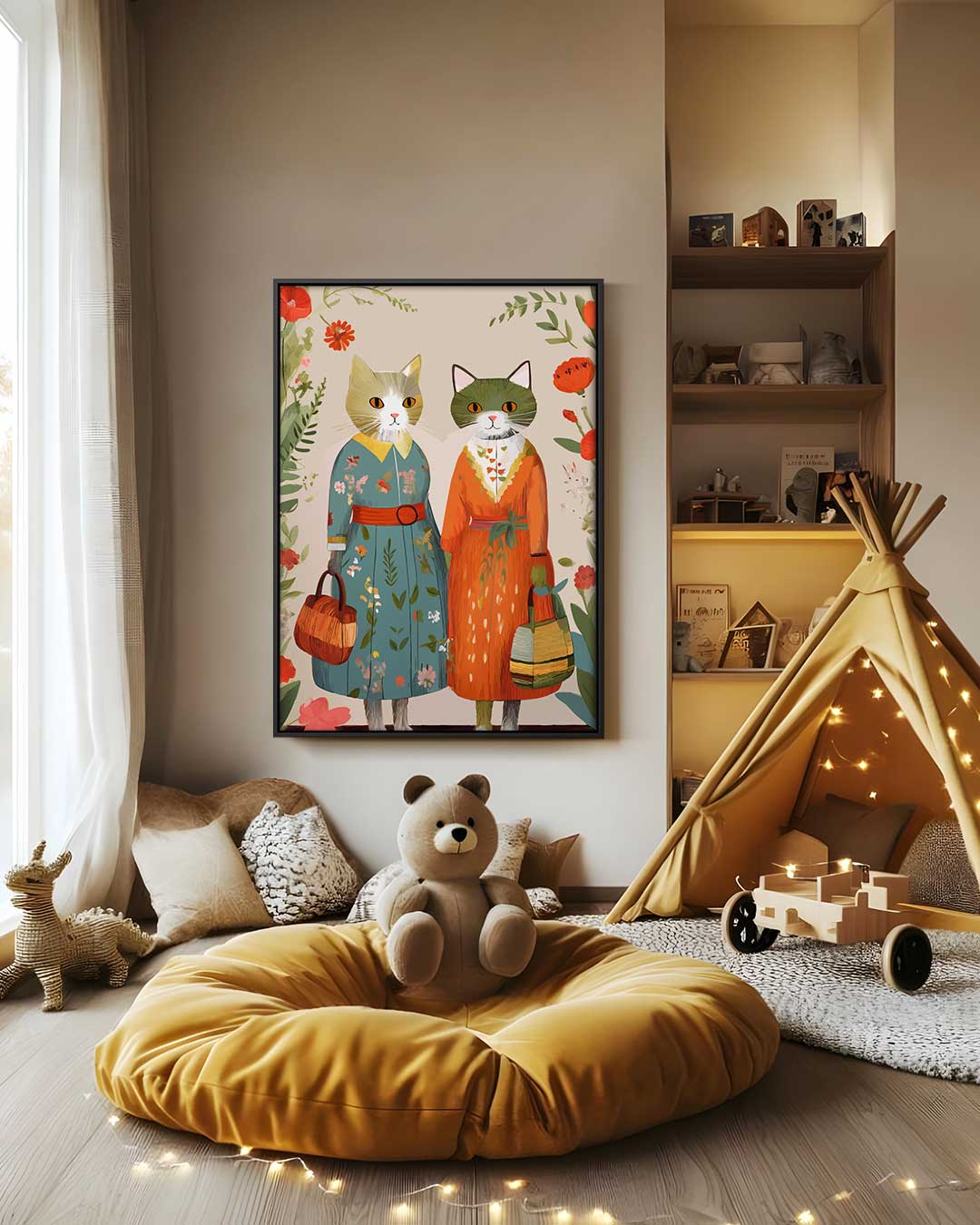 Retro Katten Vriendinnen – canvas wanddecoratie in portret formaat