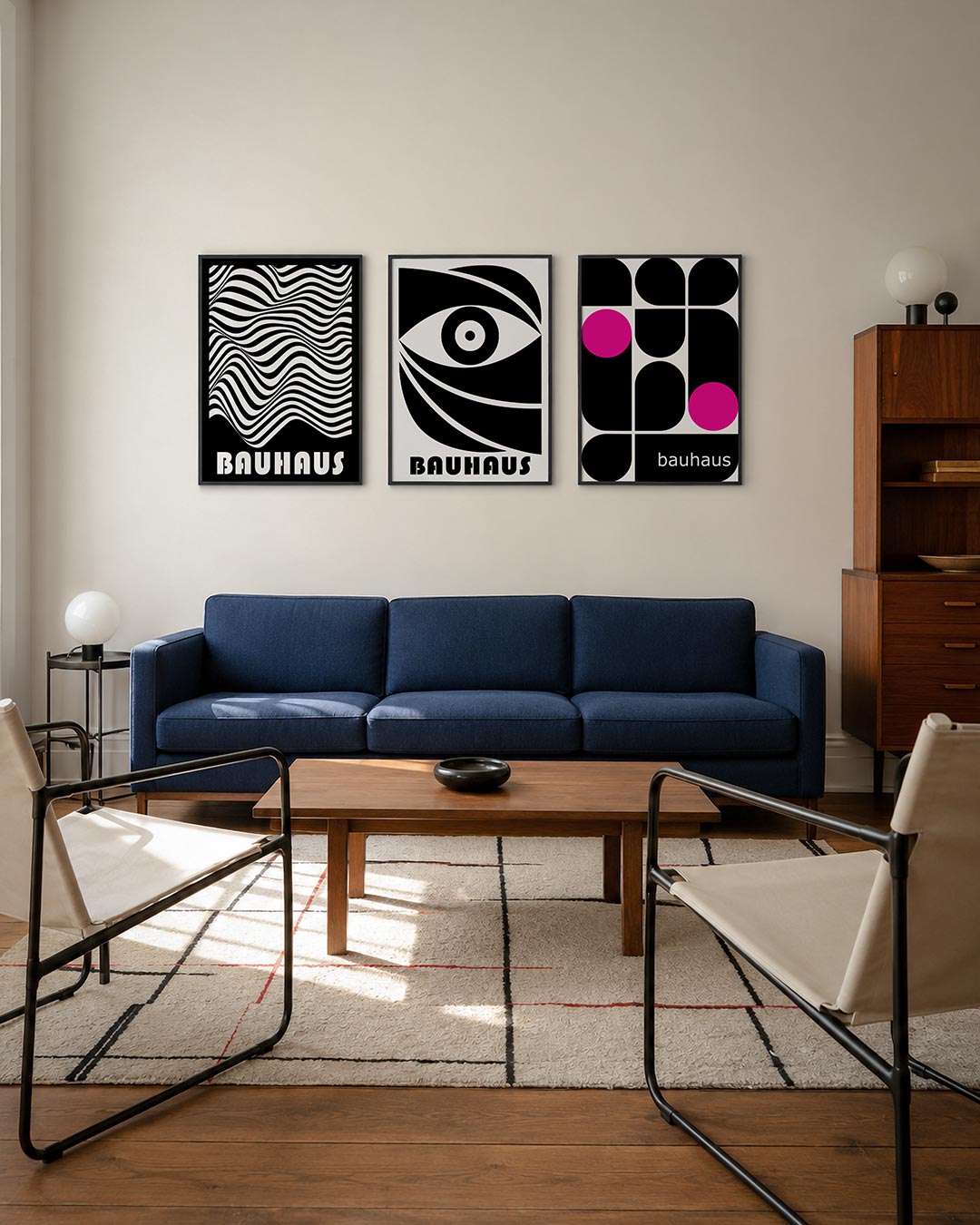 Golvend lijnenspel driedelige posterset – zwart-witte golvende lijnen creëren een hypnotiserend patroon. De vloeiende