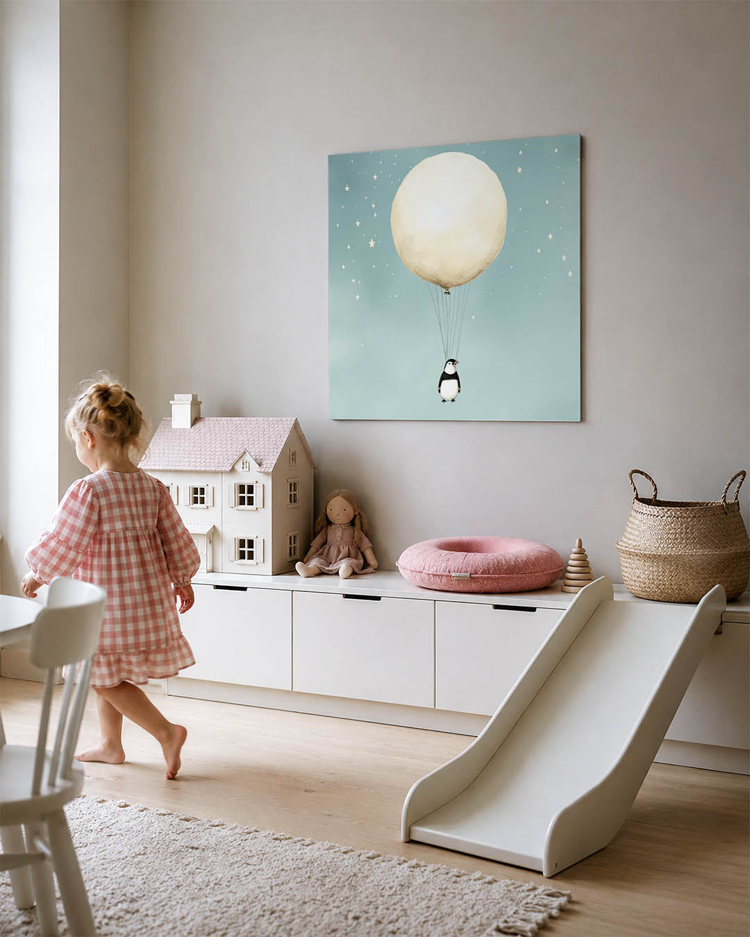 Dromerige ballonvlucht kunstwerk – tweede productweergave – een pinguïn zweeft aan een grote ballon in een sterrenhemel. De