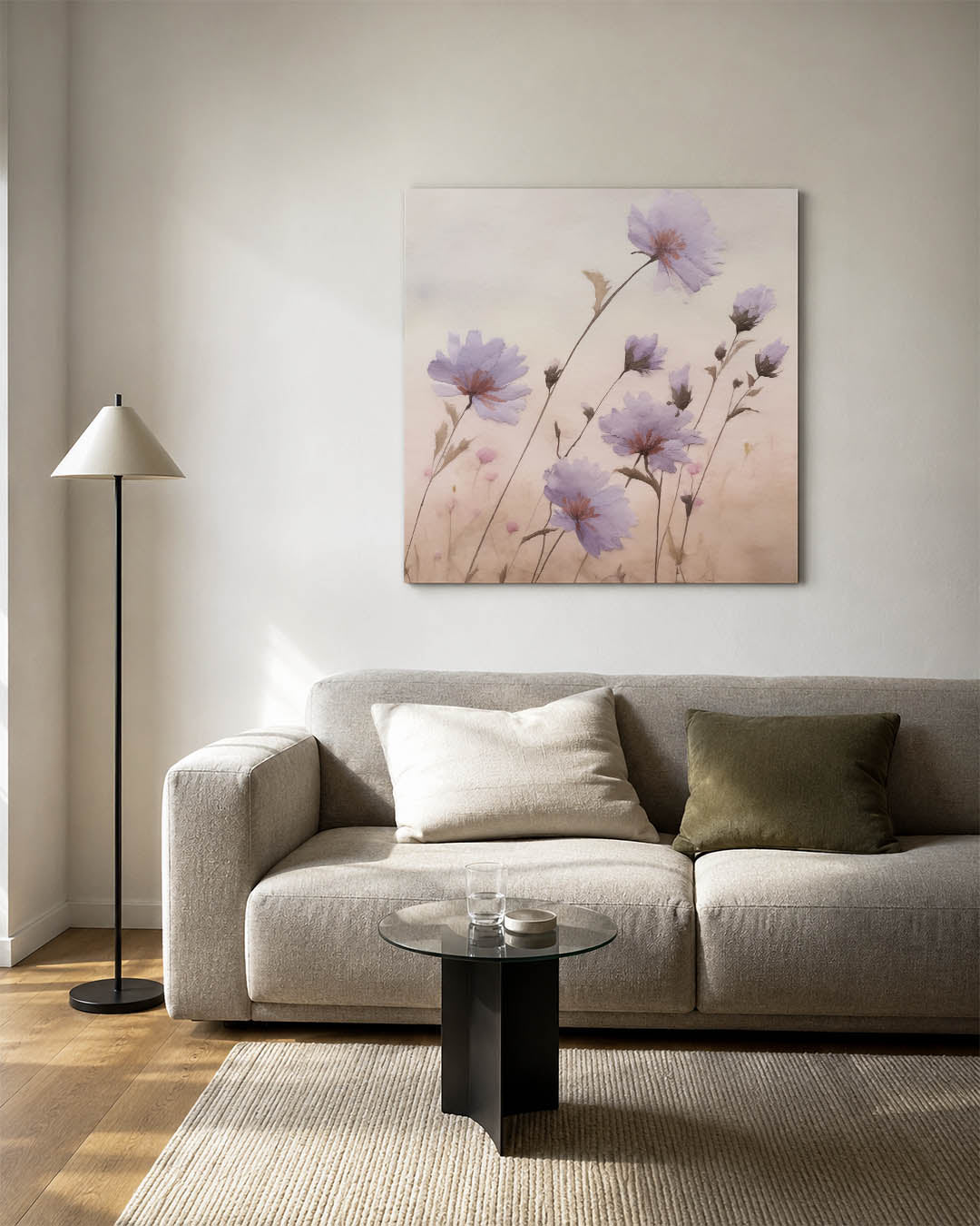 Bloemen in zachte tinten kunstwerk – detailweergave – dit kunstwerk toont delicate bloemen in zachte tinten, met vloeiende