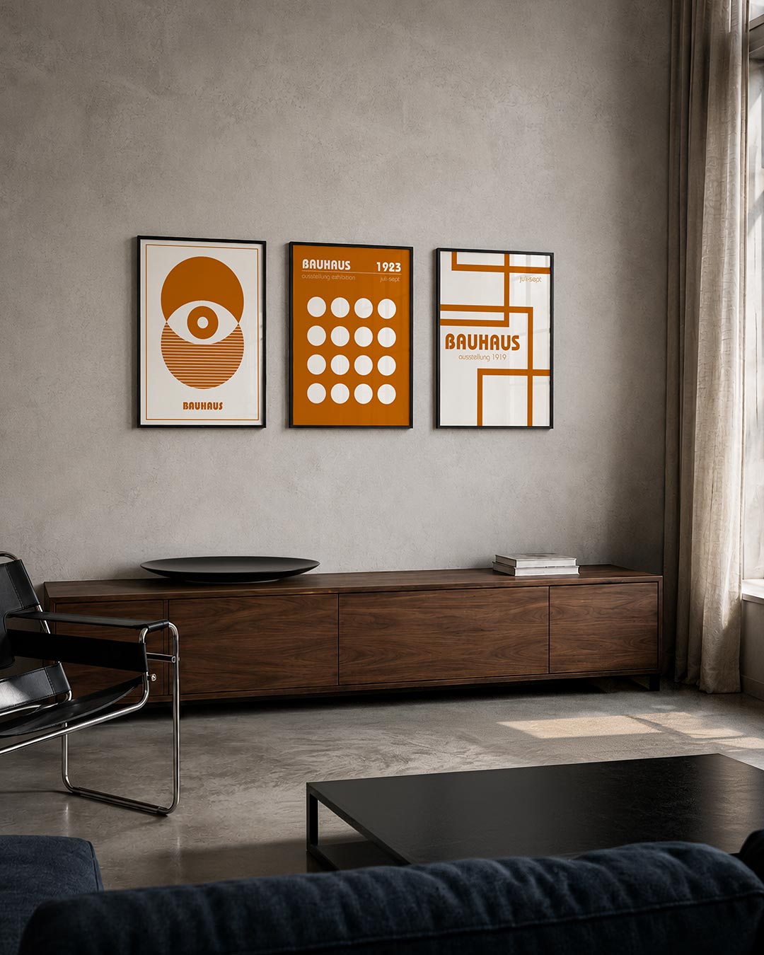 Cirkel en strepen posterset – tweede productweergave – deze posterset in drie delen toont een speelse compositie van cirkels