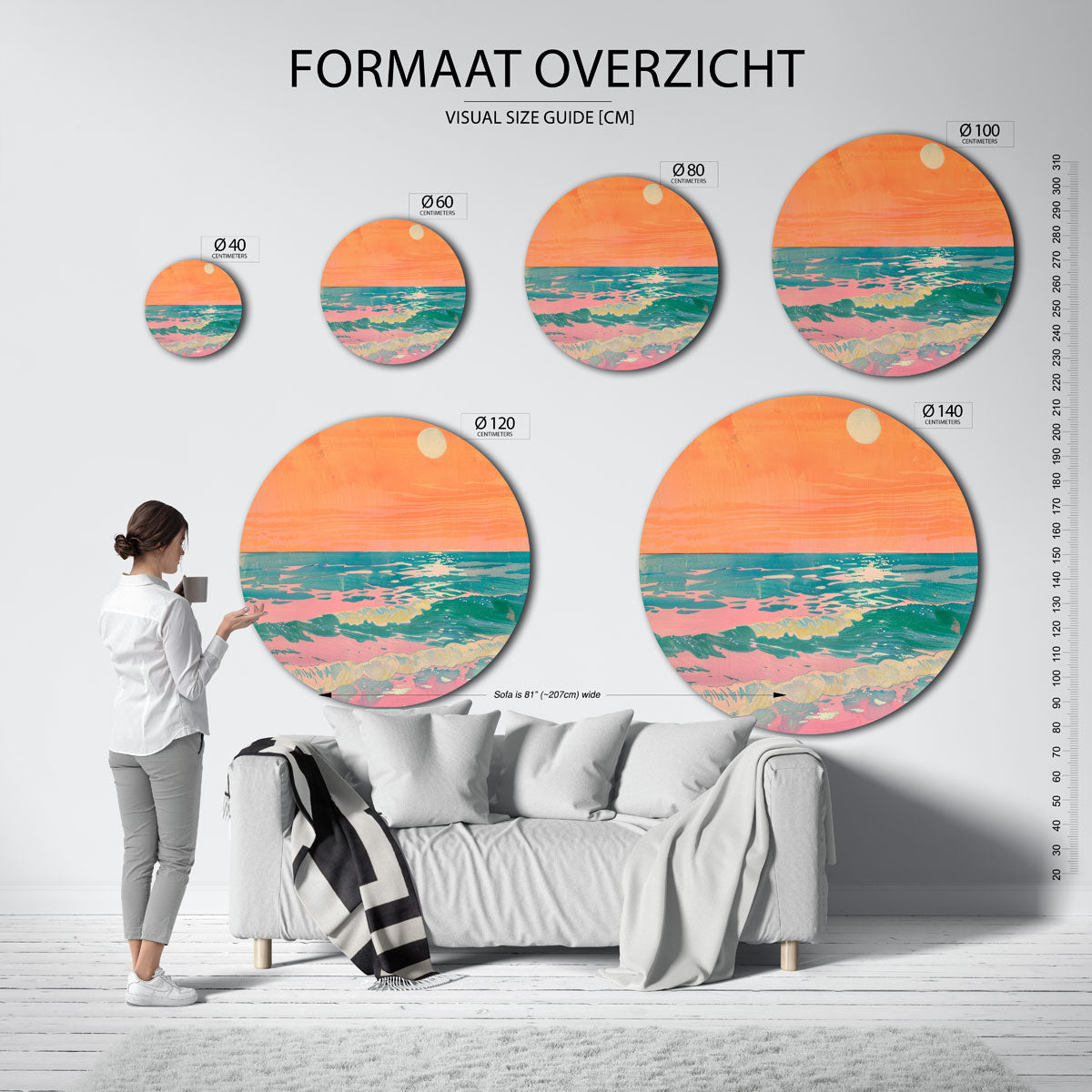 Zonsondergang zee – abstracte wandkunst met textuur als muurcirkel